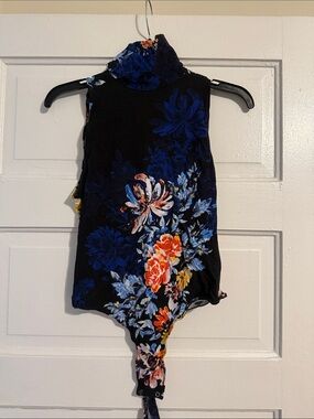 Free People Black Floral Mock Neck Bodysuit with Blue & Orange Blooms